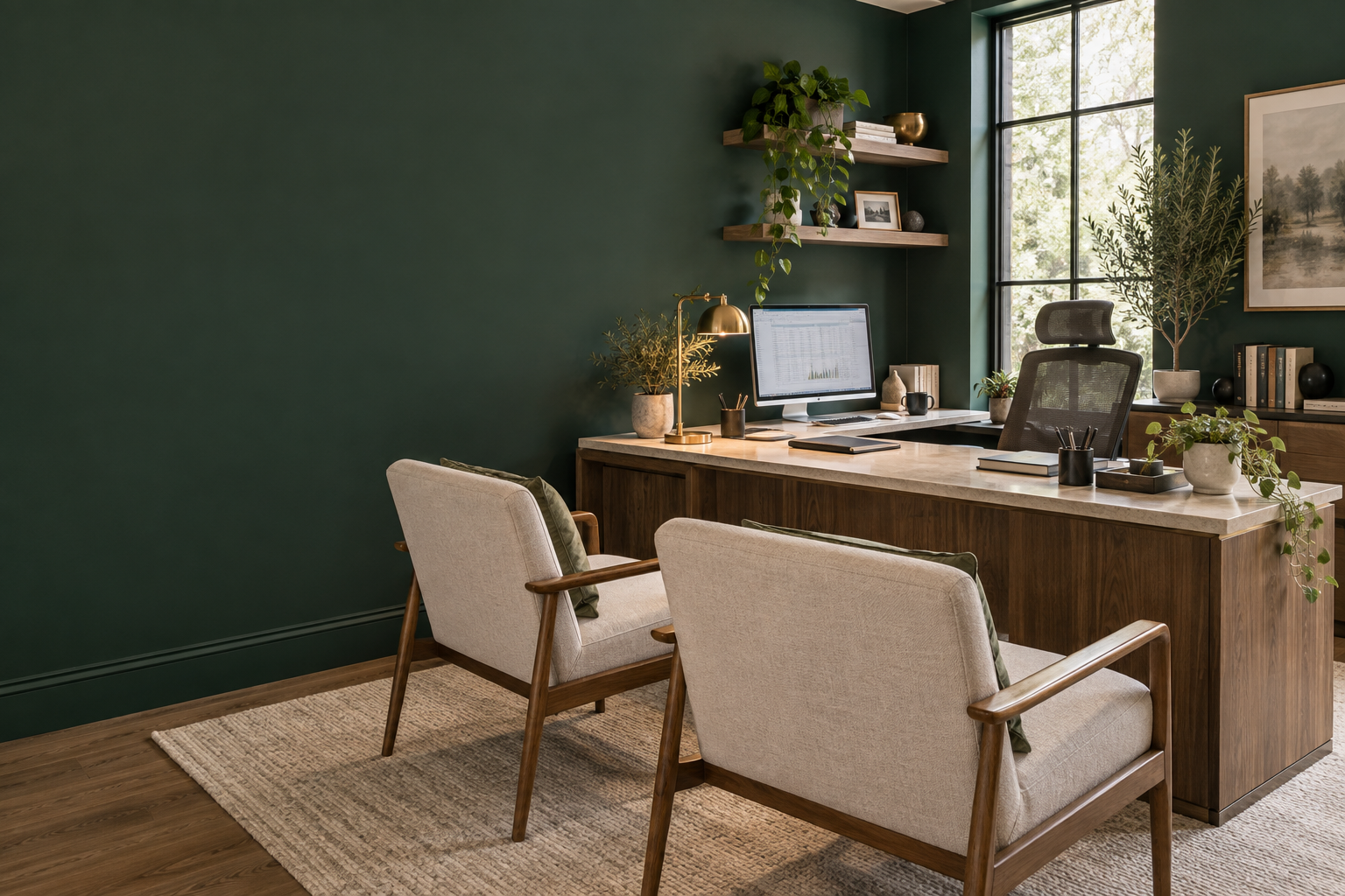 Illustrative accounting office with forest-green walls, client seating and warm gold details
